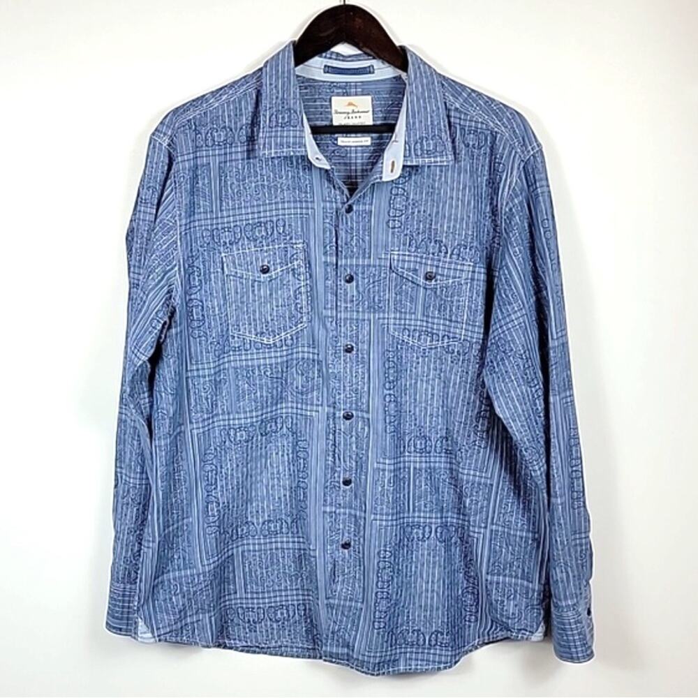 Tommy Bahama Island Modern Fit Chambray Striped Paisley Button Down Shirt - XL